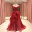 High-end Red Prom Dresses 2021 A-Line / Princess Off-The-Shoulder Short Sleeve Beading Glitter Tulle Sweep Train Ruffle Backless Formal Dresses