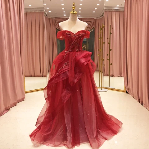 High-end Red Prom Dresses 2021 A-Line / Princess Off-The-Shoulder Short Sleeve Beading Glitter Tulle Sweep Train Ruffle Backless Formal Dresses
