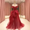 Wysokiej Klasy Czerwone Sukienki Na Bal 2021 Princessa Przy Ramieniu Kótkie Rękawy Frezowanie Cekinami Tiulowe Trenem Sweep Wzburzyć Bez Pleców Sukienki Wizytowe