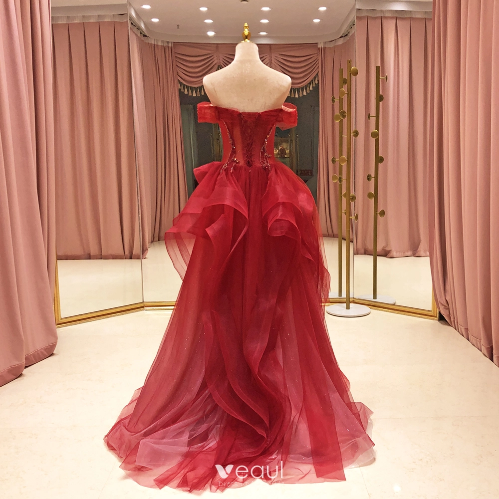 Shiny Sequin Red Tulle Ankle Length Prom Dress with Short Sleeves -  $124.992 #P74002 