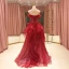 High-end Red Prom Dresses 2021 A-Line / Princess Off-The-Shoulder Short Sleeve Beading Glitter Tulle Sweep Train Ruffle Backless Formal Dresses