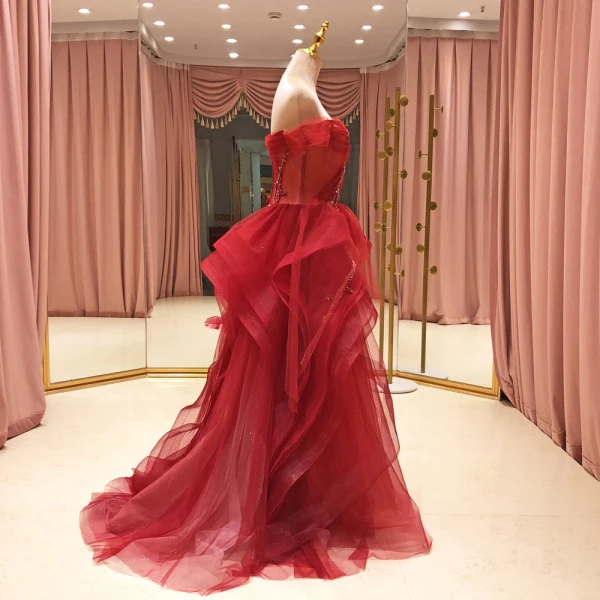 High-end Red Prom Dresses 2021 A-Line / Princess Off-The-Shoulder Short Sleeve Beading Glitter Tulle Sweep Train Ruffle Backless Formal Dresses