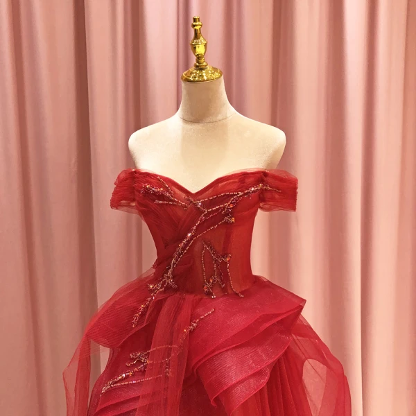 High-end Red Prom Dresses 2021 A-Line / Princess Off-The-Shoulder Short Sleeve Beading Glitter Tulle Sweep Train Ruffle Backless Formal Dresses