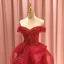 High-end Red Prom Dresses 2021 A-Line / Princess Off-The-Shoulder Short Sleeve Beading Glitter Tulle Sweep Train Ruffle Backless Formal Dresses