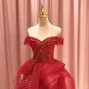 Wysokiej Klasy Czerwone Sukienki Na Bal 2021 Princessa Przy Ramieniu Kótkie Rękawy Frezowanie Cekinami Tiulowe Trenem Sweep Wzburzyć Bez Pleców Sukienki Wizytowe