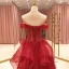 High-end Red Prom Dresses 2021 A-Line / Princess Off-The-Shoulder Short Sleeve Beading Glitter Tulle Sweep Train Ruffle Backless Formal Dresses