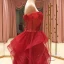 High-end Red Prom Dresses 2021 A-Line / Princess Off-The-Shoulder Short Sleeve Beading Glitter Tulle Sweep Train Ruffle Backless Formal Dresses