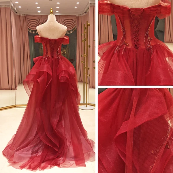 High-end Red Prom Dresses 2021 A-Line / Princess Off-The-Shoulder Short Sleeve Beading Glitter Tulle Sweep Train Ruffle Backless Formal Dresses