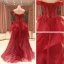 High-end Red Prom Dresses 2021 A-Line / Princess Off-The-Shoulder Short Sleeve Beading Glitter Tulle Sweep Train Ruffle Backless Formal Dresses
