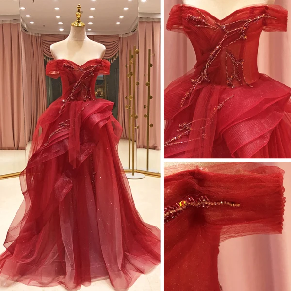 High-end Red Prom Dresses 2021 A-Line / Princess Off-The-Shoulder Short Sleeve Beading Glitter Tulle Sweep Train Ruffle Backless Formal Dresses