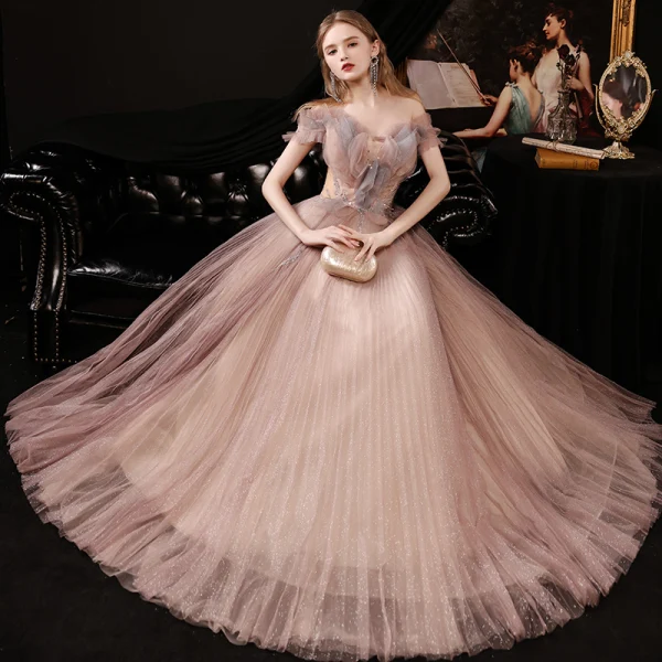Elegant Pearl Pink Dancing Prom Dresses 2021 A-Line / Princess See-through Off-The-Shoulder Short Sleeve Beading Glitter Tulle Floor-Length / Long Ruffle Backless Formal Dresses