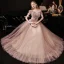 Elegant Pearl Pink Dancing Prom Dresses 2021 A-Line / Princess See-through Off-The-Shoulder Short Sleeve Beading Glitter Tulle Floor-Length / Long Ruffle Backless Formal Dresses