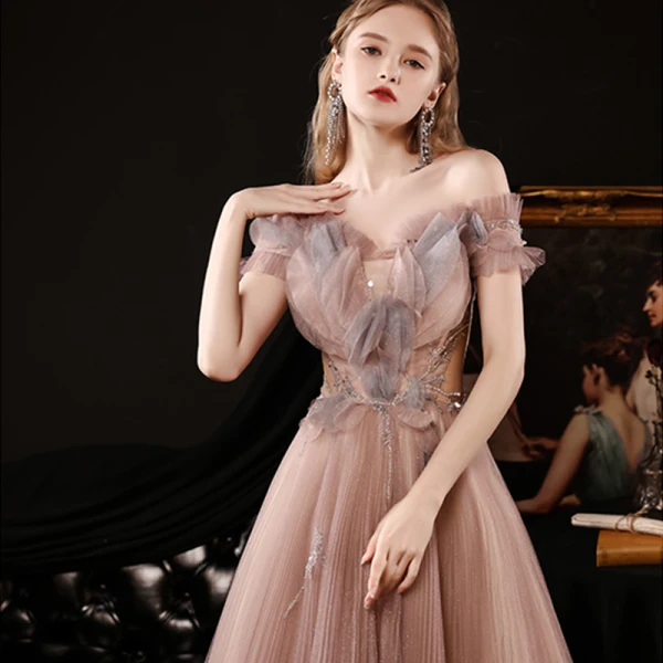 Elegant Pearl Pink Dancing Prom Dresses 2021 A-Line / Princess See-through Off-The-Shoulder Short Sleeve Beading Glitter Tulle Floor-Length / Long Ruffle Backless Formal Dresses