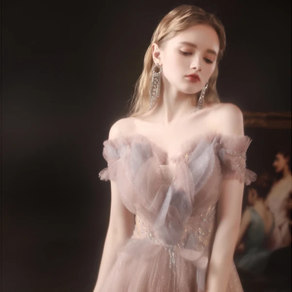 Elegant Pearl Pink Dancing Prom Dresses 2021 A-Line / Princess See-through Off-The-Shoulder Short Sleeve Beading Glitter Tulle Floor-Length / Long Ruffle Backless Formal Dresses
