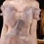 Elegant Pearl Pink Dancing Prom Dresses 2021 A-Line / Princess See-through Off-The-Shoulder Short Sleeve Beading Glitter Tulle Floor-Length / Long Ruffle Backless Formal Dresses