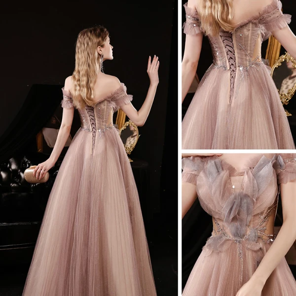 Elegant Pearl Pink Dancing Prom Dresses 2021 A-Line / Princess See-through Off-The-Shoulder Short Sleeve Beading Glitter Tulle Floor-Length / Long Ruffle Backless Formal Dresses