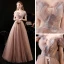 Elegant Pearl Pink Dancing Prom Dresses 2021 A-Line / Princess See-through Off-The-Shoulder Short Sleeve Beading Glitter Tulle Floor-Length / Long Ruffle Backless Formal Dresses