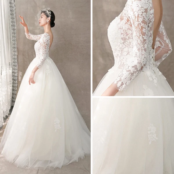 Illusion Ivory / Creme Durchsichtige Brautkleider / Hochzeitskleider 2018 A Linie Rundhalsausschnitt Lange Ärmel Rückenfreies Applikationen Spitze Sweep / Pinsel Zug Rüschen