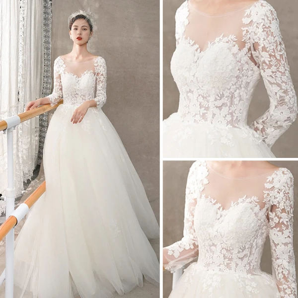 Illusion Ivory / Creme Durchsichtige Brautkleider / Hochzeitskleider 2018 A Linie Rundhalsausschnitt Lange Ärmel Rückenfreies Applikationen Spitze Sweep / Pinsel Zug Rüschen