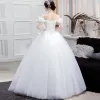 Affordable Ivory Corset Wedding Dresses 2019 Ball Gown Off-The-Shoulder Short Sleeve Backless Floor-Length / Long Ruffle