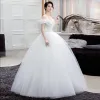 Affordable Ivory Corset Wedding Dresses 2019 Ball Gown Off-The-Shoulder Short Sleeve Backless Floor-Length / Long Ruffle