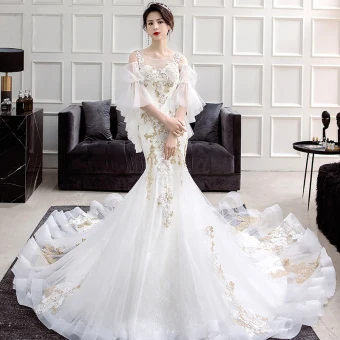 Chic Belle Ivoire Transparentes Robe De Mariée 2018 Trompette Sirène Encolure Dégagée Gonflée 3 4 Manches Appliques En Dentelle Chapel Train Volants