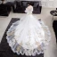Schöne Ivory / Creme Durchsichtige Brautkleider / Hochzeitskleider 2018 Meerjungfrau Rundhalsausschnitt Geschwollenes 3/4 Ärmel Applikationen Spitze Kapelle-Schleppe Rüschen