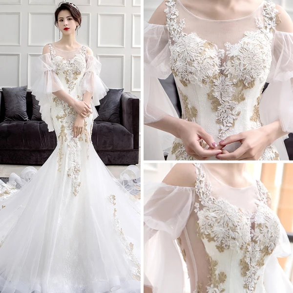 Schöne Ivory / Creme Durchsichtige Brautkleider / Hochzeitskleider 2018 Meerjungfrau Rundhalsausschnitt Geschwollenes 3/4 Ärmel Applikationen Spitze Kapelle-Schleppe Rüschen