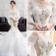 Schöne Ivory / Creme Durchsichtige Brautkleider / Hochzeitskleider 2018 Meerjungfrau Rundhalsausschnitt Geschwollenes 3/4 Ärmel Applikationen Spitze Kapelle-Schleppe Rüschen