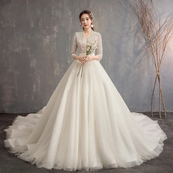 Style Chinois Ivoire Robe De Mariée 2019 Princesse V Cou 3 4 Manches Fait Main Perlage Glitter Tulle Cathedral Train Volants
