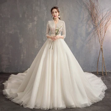 Style Chinois Ivoire Robe De Mariée 2019 Princesse V Cou 3 4 Manches Fait Main Perlage Glitter Tulle Cathedral Train Volants