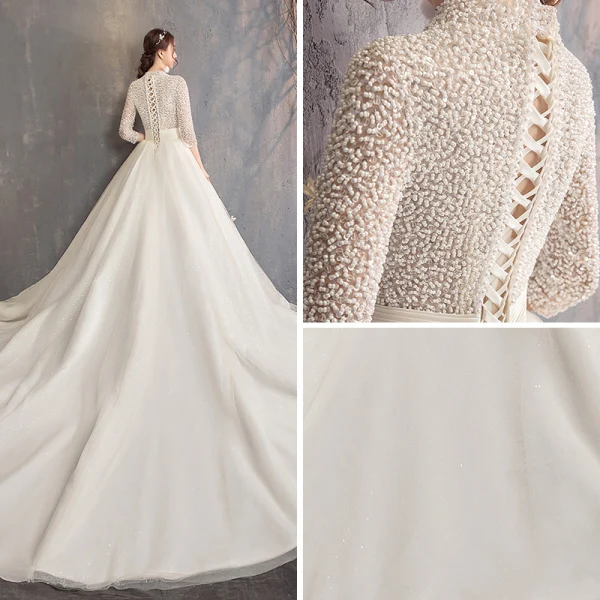 Style Chinois Ivoire Robe De Mariée 2019 Princesse V-Cou 3/4 Manches Fait main Perlage Glitter Tulle Cathedral Train Volants