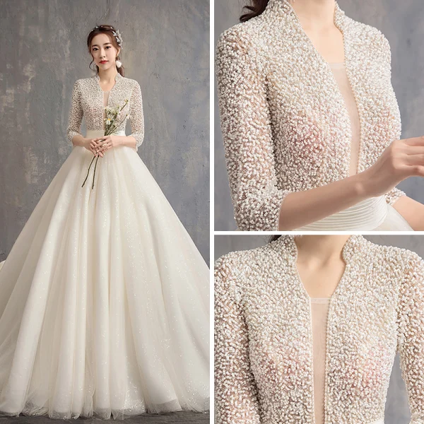 Style Chinois Ivoire Robe De Mariée 2019 Princesse V-Cou 3/4 Manches Fait main Perlage Glitter Tulle Cathedral Train Volants