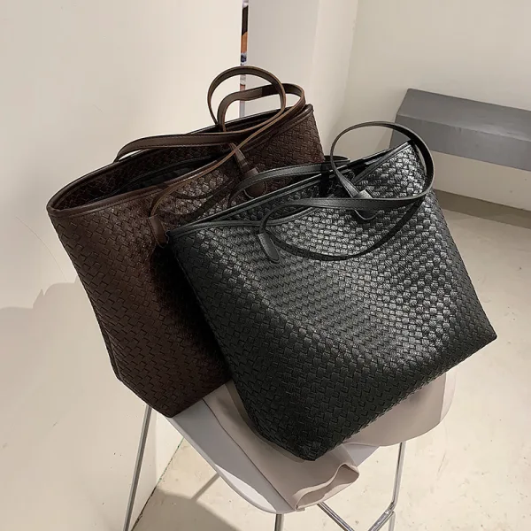 Schlicht Braun Quadratische Flechten Einkaufstasche Schultertaschen 2021 PU Freizeit Damentaschen