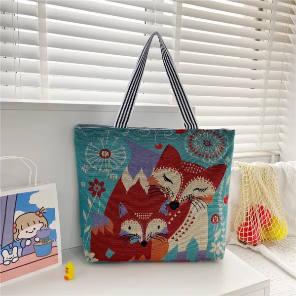 Lovely Sky Blue Canvas Cartoon Printing Square Shopping Bag Shoulder Bags 2021 Casual Women's Bags