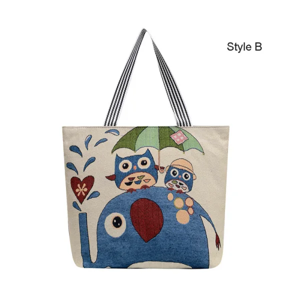 Lovely Sky Blue Canvas Cartoon Printing Square Shopping Bag Shoulder Bags 2021 Casual Women's Bags