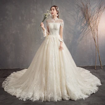 Moderne Mode Champagne Transparentes Robe De Mariée 2019 Princesse Col Haut Manches Longues Dos Nu Appliques En Dentelle Perlage Glitter Tulle Cathedral Train Volants