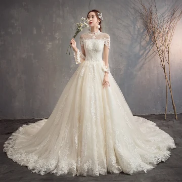 Moderne Mode Champagne Transparentes Robe De Mariée 2019 Princesse Col Haut Manches Longues Dos Nu Appliques En Dentelle Perlage Glitter Tulle Cathedral Train Volants