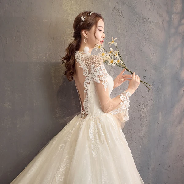 Modern / Fashion Champagne See-through Wedding Dresses 2019 A-Line / Princess High Neck Long Sleeve Backless Appliques Lace Beading Glitter Tulle Cathedral Train Ruffle