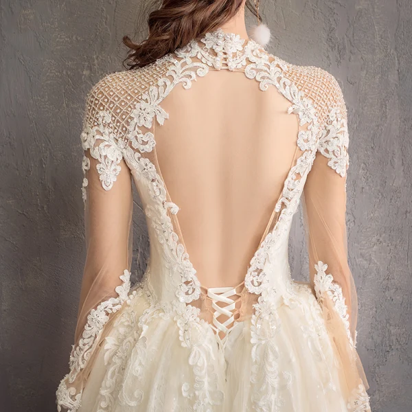 Modern / Fashion Champagne See-through Wedding Dresses 2019 A-Line / Princess High Neck Long Sleeve Backless Appliques Lace Beading Glitter Tulle Cathedral Train Ruffle