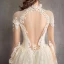 Modern / Fashion Champagne See-through Wedding Dresses 2019 A-Line / Princess High Neck Long Sleeve Backless Appliques Lace Beading Glitter Tulle Cathedral Train Ruffle