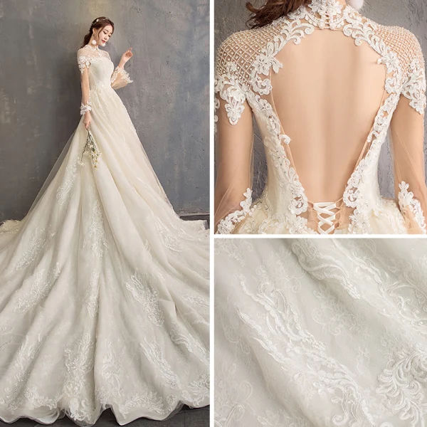 Modern / Fashion Champagne See-through Wedding Dresses 2019 A-Line / Princess High Neck Long Sleeve Backless Appliques Lace Beading Glitter Tulle Cathedral Train Ruffle