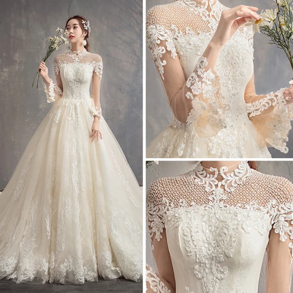Modern / Fashion Champagne See-through Wedding Dresses 2019 A-Line / Princess High Neck Long Sleeve Backless Appliques Lace Beading Glitter Tulle Cathedral Train Ruffle
