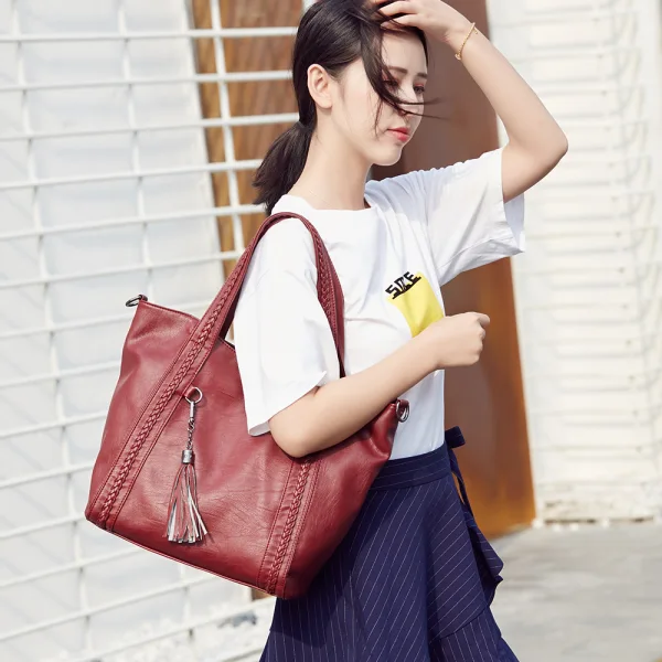 Fashion Burgundy Square Braid Shoulder Bags 2021 PU Tassel Women's Bags