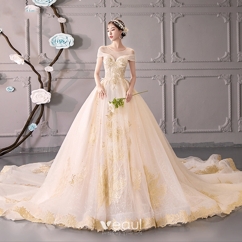 Luxury / Gorgeous Gold Wedding Dresses 2019 Ball Gown Square Neckline  Glitter Tulle Beading Sequins Crystal 3/4 Sleeve Backless Royal Train