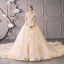 Luxury / Gorgeous Champagne See-through Wedding Dresses 2019 Ball Gown Scoop Neck Short Sleeve Backless Gold Appliques Lace Beading Glitter Tulle Cathedral Train Ruffle