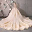 Luxury / Gorgeous Champagne See-through Wedding Dresses 2019 Ball Gown Scoop Neck Short Sleeve Backless Gold Appliques Lace Beading Glitter Tulle Cathedral Train Ruffle