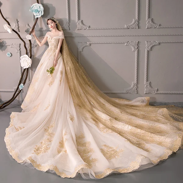 Luxury / Gorgeous Champagne See-through Wedding Dresses 2019 Ball Gown Scoop Neck Short Sleeve Backless Gold Appliques Lace Beading Glitter Tulle Cathedral Train Ruffle
