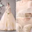 Luxury / Gorgeous Champagne See-through Wedding Dresses 2019 Ball Gown Scoop Neck Short Sleeve Backless Gold Appliques Lace Beading Glitter Tulle Cathedral Train Ruffle