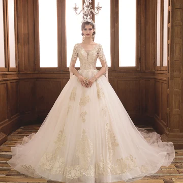 Luxus Herrlich Champagner Brautkleider Hochzeitskleider 2019 Ballkleid V Ausschnitt Kurze Ärmel Rückenfreies Applikationen Spitze Perlenstickerei Quaste Glanz Tülle Kathedrale Schleppe Rüschen